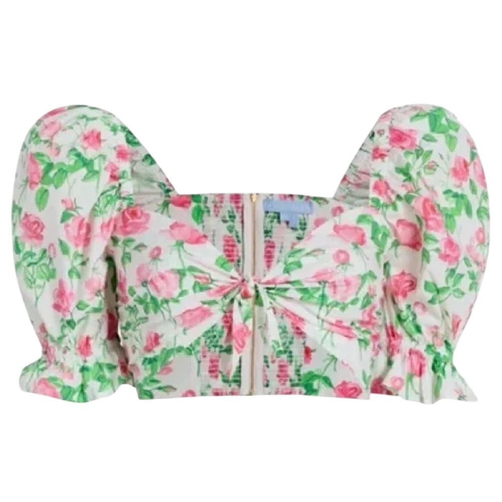 Hill House Isabella Pink Roses Floral Tie Front Puff‎ Sleeve Crop Top NWT